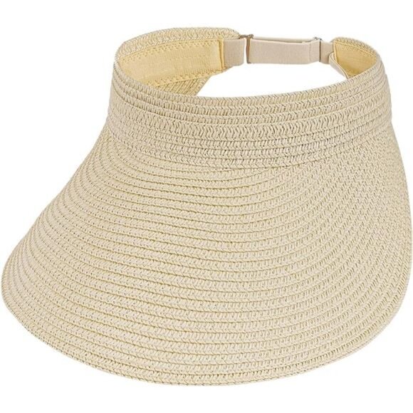Beige Wide Brim Sun Visor Hat – Roll-Up Straw Visor with Adjustable Fit Beach - Picture 1 of 8
